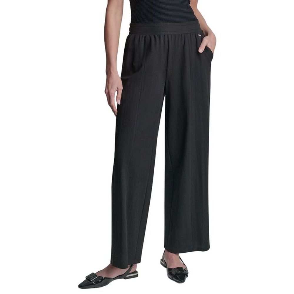 Dkny Womens  Pull-On Mini Logo Linen-Blend Pant, Black